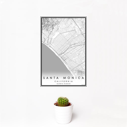 12x18 Santa Monica California Map Print Portrait Orientation in Classic Style With Small Cactus Plant in White Planter