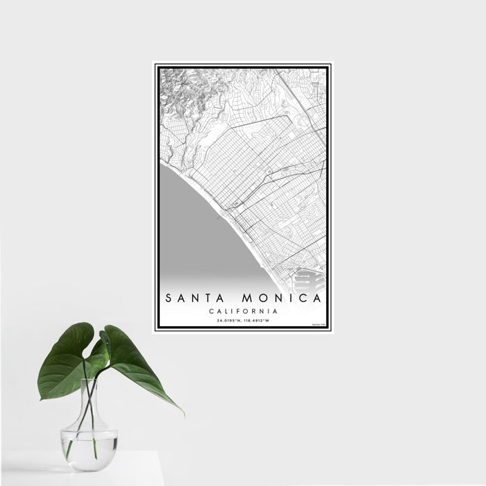 16x24 Santa Monica California Map Print Portrait Orientation in Classic Style With Tropical Plant Leaves in Water
