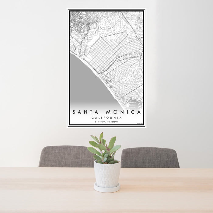24x36 Santa Monica California Map Print Portrait Orientation in Classic Style Behind 2 Chairs Table and Potted Plant