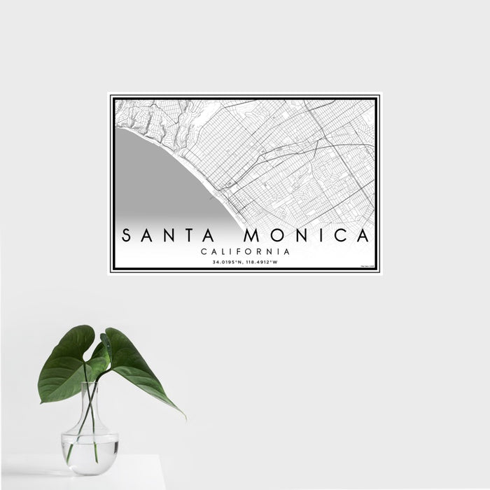 16x24 Santa Monica California Map Print Landscape Orientation in Classic Style With Tropical Plant Leaves in Water