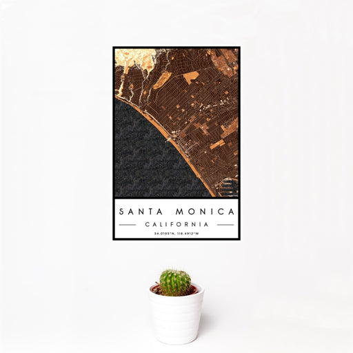 12x18 Santa Monica California Map Print Portrait Orientation in Ember Style With Small Cactus Plant in White Planter