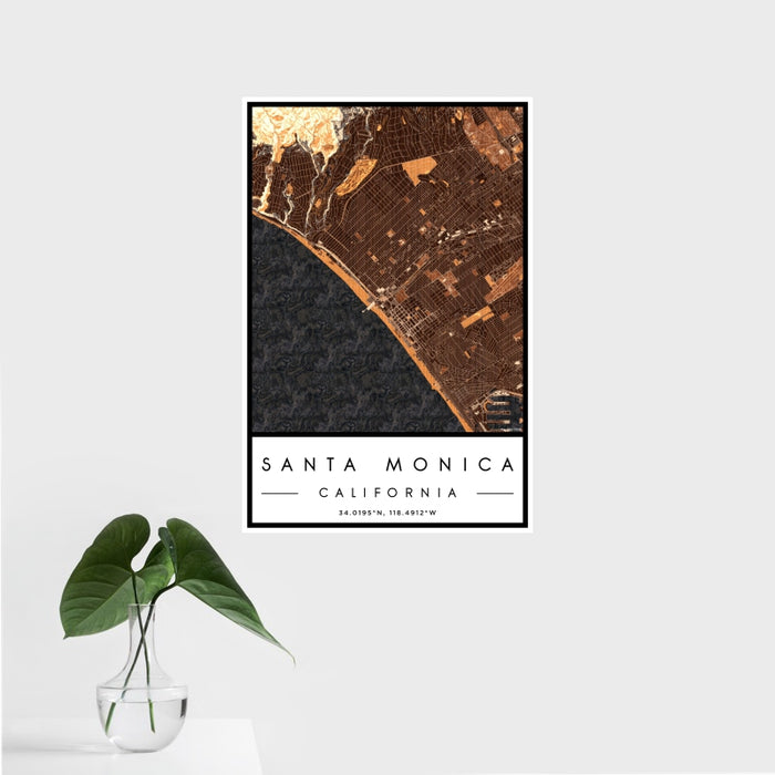 16x24 Santa Monica California Map Print Portrait Orientation in Ember Style With Tropical Plant Leaves in Water