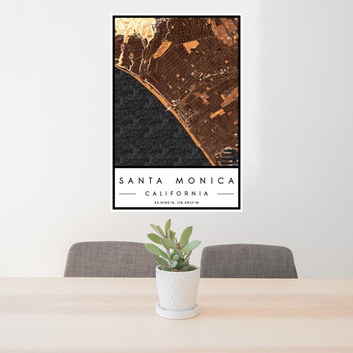 24x36 Santa Monica California Map Print Portrait Orientation in Ember Style Behind 2 Chairs Table and Potted Plant