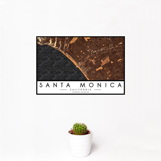 12x18 Santa Monica California Map Print Landscape Orientation in Ember Style With Small Cactus Plant in White Planter
