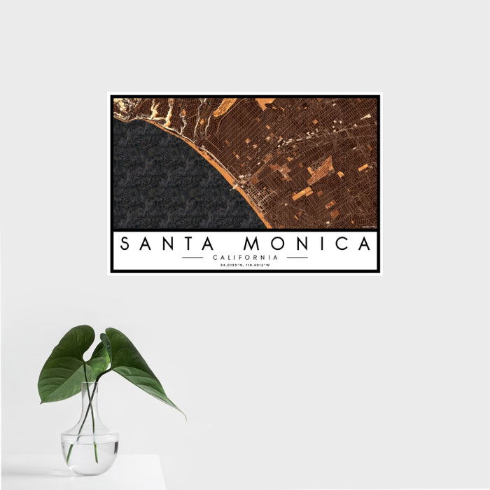 16x24 Santa Monica California Map Print Landscape Orientation in Ember Style With Tropical Plant Leaves in Water