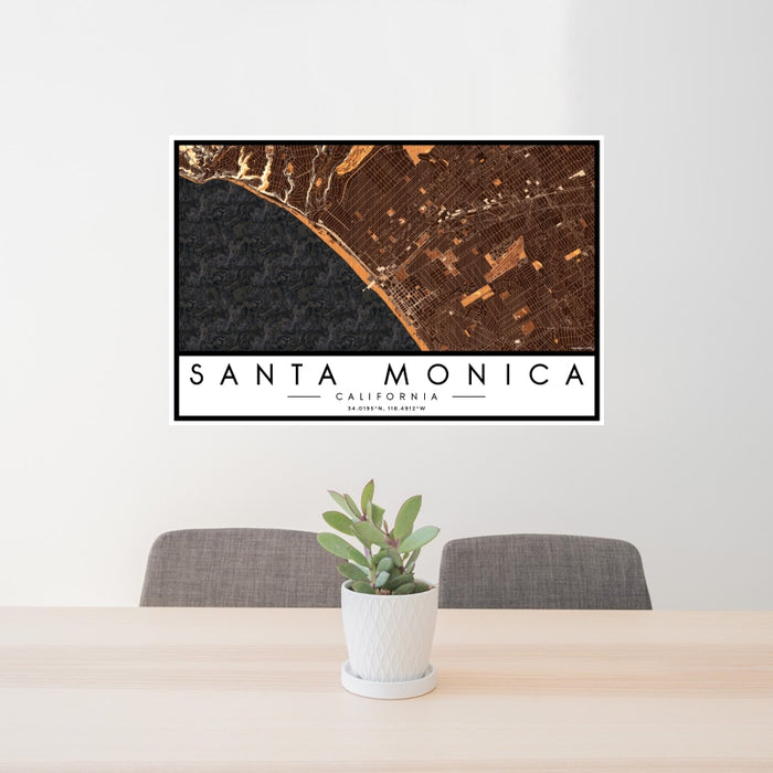 24x36 Santa Monica California Map Print Landscape Orientation in Ember Style Behind 2 Chairs Table and Potted Plant