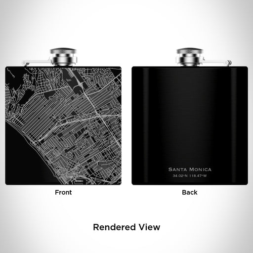 Rendered View of Santa Monica California Map Engraving on 6oz Stainless Steel Flask in Black