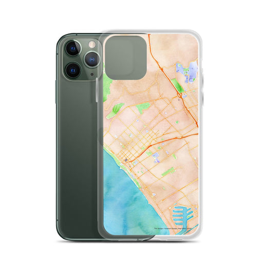 Custom Santa Monica California Map Phone Case in Watercolor on Table with Laptop and Plant