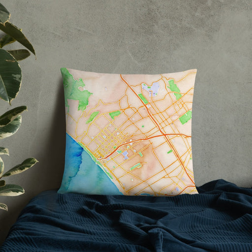 Custom Santa Monica California Map Throw Pillow in Watercolor on Bedding Against Wall