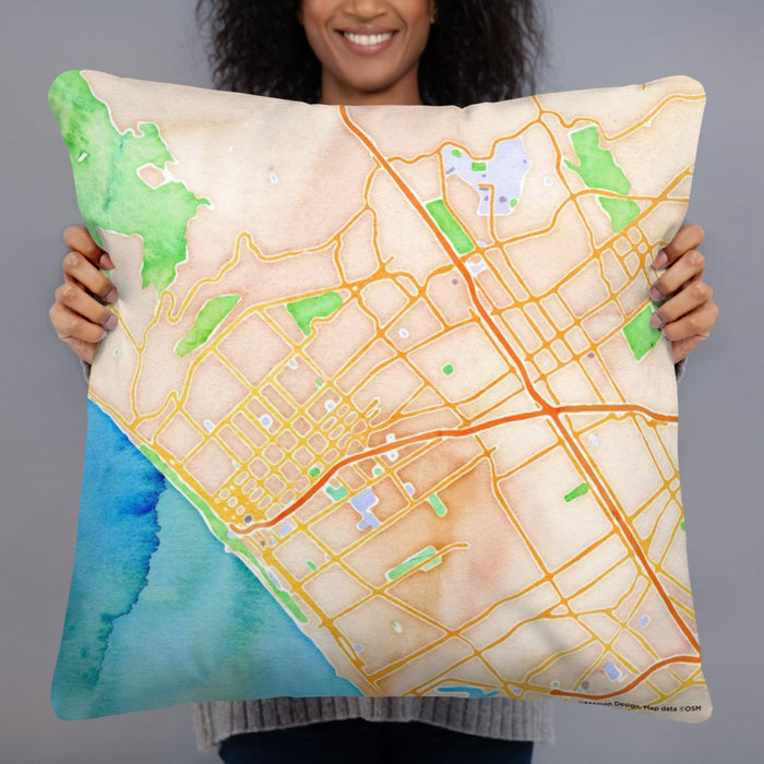 Person holding 22x22 Custom Santa Monica California Map Throw Pillow in Watercolor