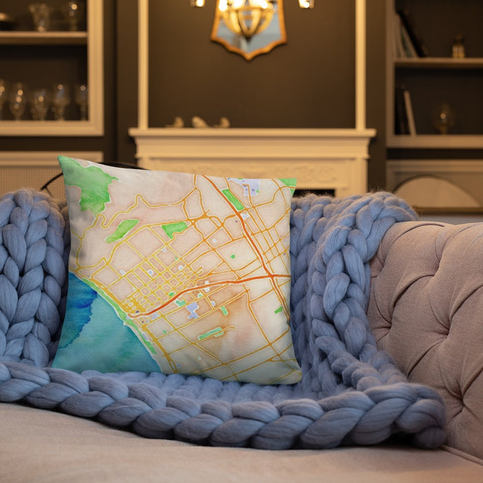 Custom Santa Monica California Map Throw Pillow in Watercolor on Cream Colored Couch