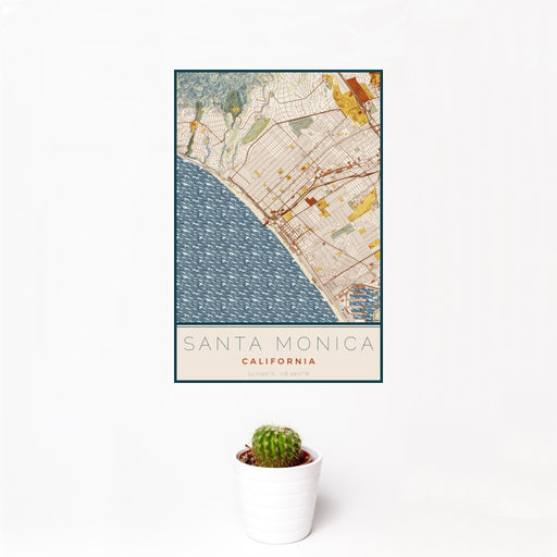 12x18 Santa Monica California Map Print Portrait Orientation in Woodblock Style With Small Cactus Plant in White Planter