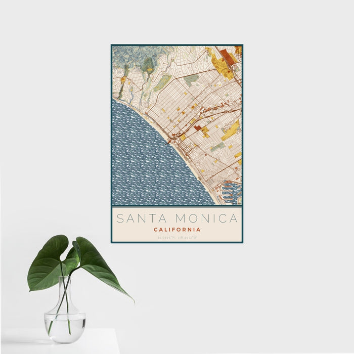 16x24 Santa Monica California Map Print Portrait Orientation in Woodblock Style With Tropical Plant Leaves in Water