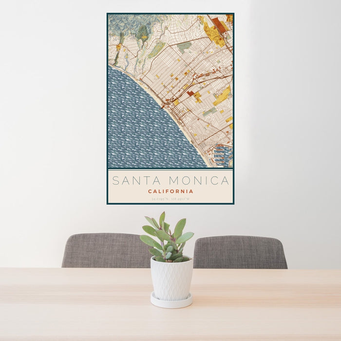 24x36 Santa Monica California Map Print Portrait Orientation in Woodblock Style Behind 2 Chairs Table and Potted Plant