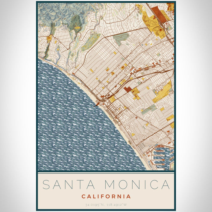 Santa Monica California Map Print Portrait Orientation in Woodblock Style With Shaded Background