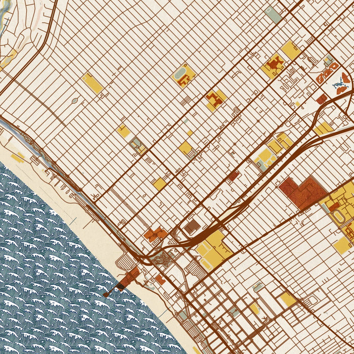 Santa Monica California Map Print in Woodblock Style Zoomed In Close Up Showing Details