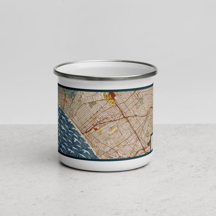 Front View Custom Santa Monica California Map Enamel Mug in Woodblock