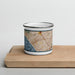 Front View Custom Santa Monica California Map Enamel Mug in Woodblock on Cutting Board
