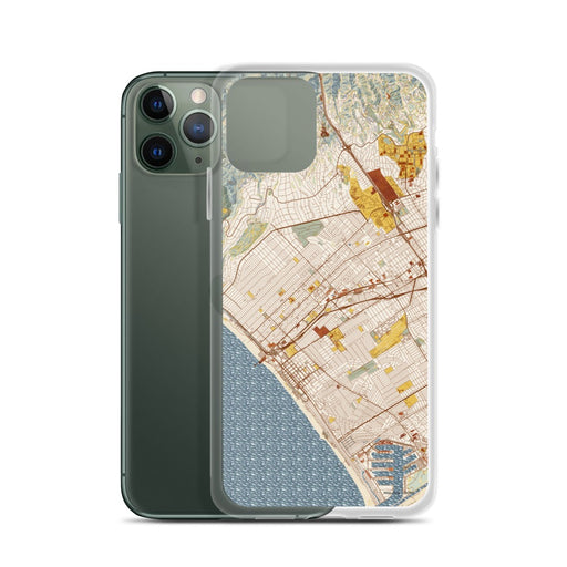 Custom Santa Monica California Map Phone Case in Woodblock on Table with Laptop and Plant