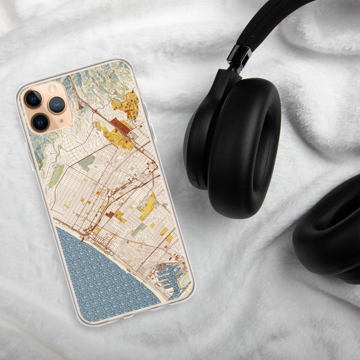 Custom Santa Monica California Map Phone Case in Woodblock on Table with Black Headphones