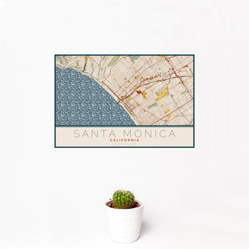 12x18 Santa Monica California Map Print Landscape Orientation in Woodblock Style With Small Cactus Plant in White Planter