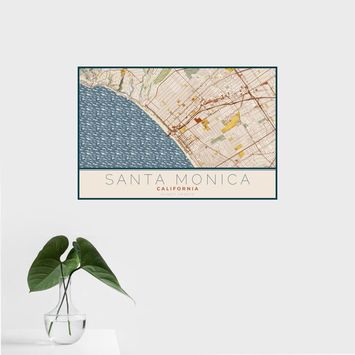 16x24 Santa Monica California Map Print Landscape Orientation in Woodblock Style With Tropical Plant Leaves in Water