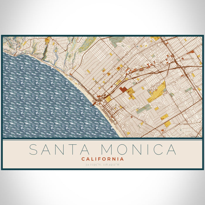 Santa Monica California Map Print Landscape Orientation in Woodblock Style With Shaded Background