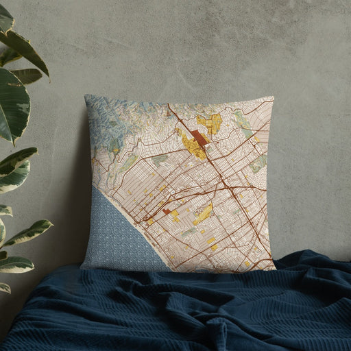 Custom Santa Monica California Map Throw Pillow in Woodblock on Bedding Against Wall