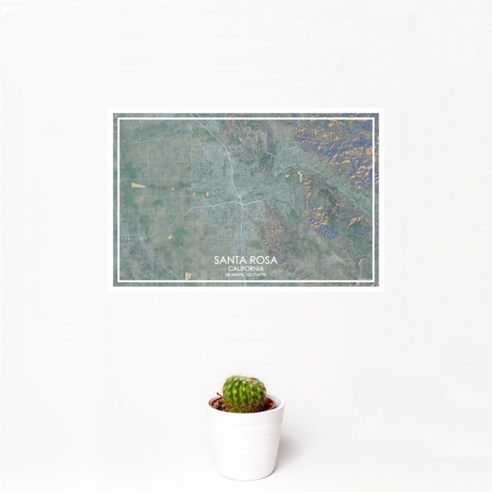 12x18 Santa Rosa California Map Print Landscape Orientation in Afternoon Style With Small Cactus Plant in White Planter