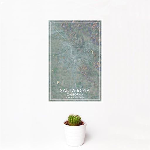 12x18 Santa Rosa California Map Print Portrait Orientation in Afternoon Style With Small Cactus Plant in White Planter