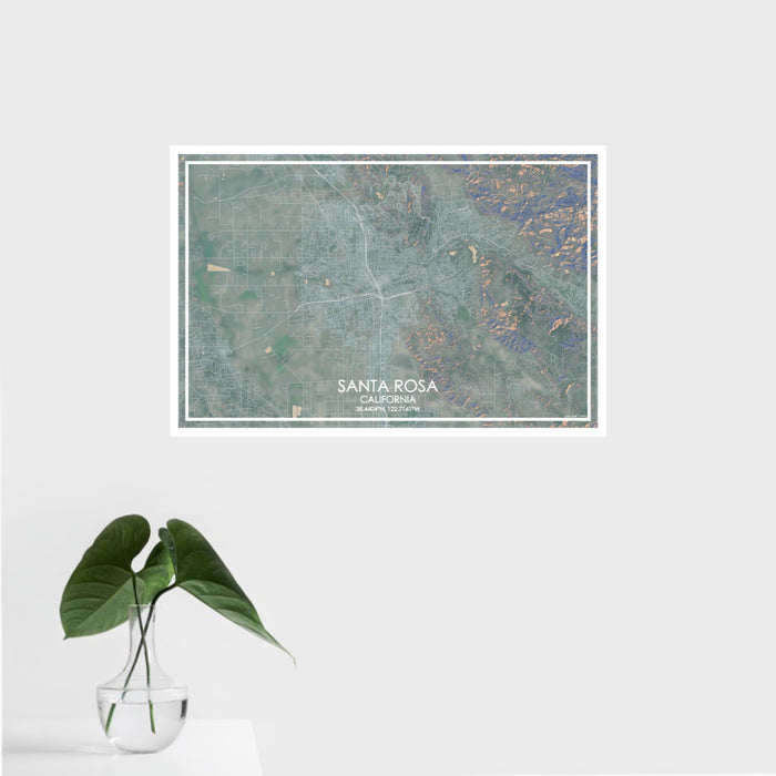 16x24 Santa Rosa California Map Print Landscape Orientation in Afternoon Style With Tropical Plant Leaves in Water