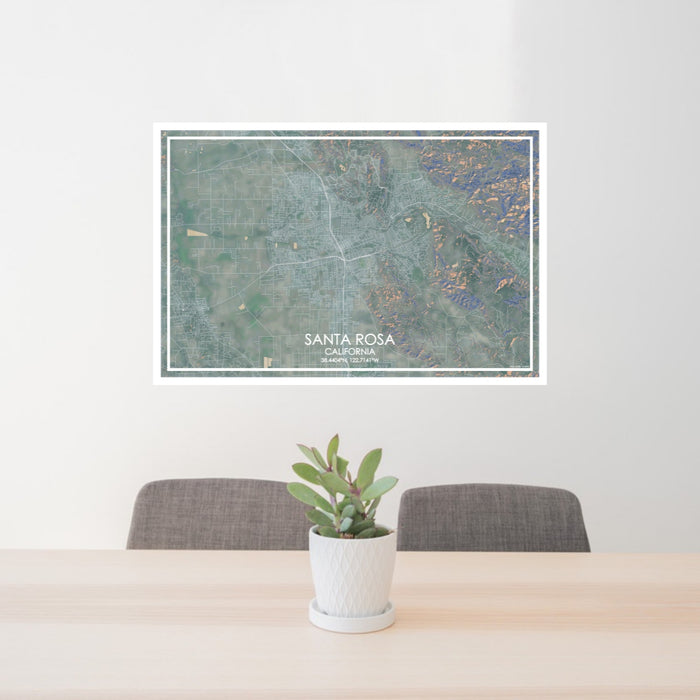 24x36 Santa Rosa California Map Print Lanscape Orientation in Afternoon Style Behind 2 Chairs Table and Potted Plant
