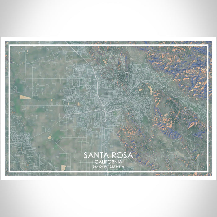 Santa Rosa California Map Print Landscape Orientation in Afternoon Style With Shaded Background