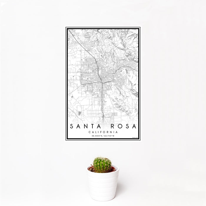 12x18 Santa Rosa California Map Print Portrait Orientation in Classic Style With Small Cactus Plant in White Planter