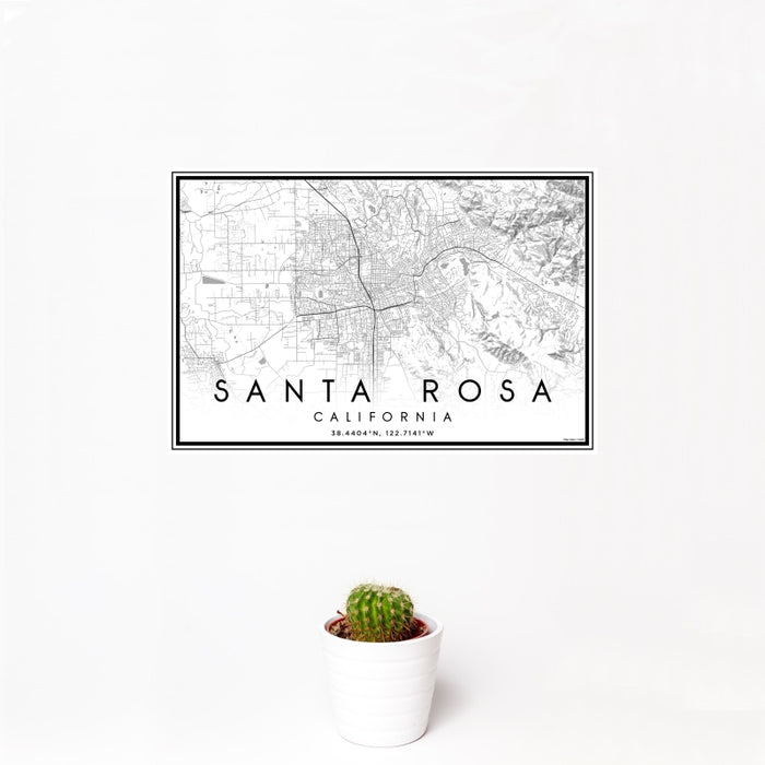 12x18 Santa Rosa California Map Print Landscape Orientation in Classic Style With Small Cactus Plant in White Planter
