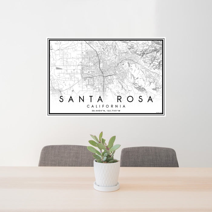 24x36 Santa Rosa California Map Print Landscape Orientation in Classic Style Behind 2 Chairs Table and Potted Plant