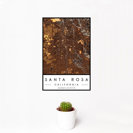 12x18 Santa Rosa California Map Print Portrait Orientation in Ember Style With Small Cactus Plant in White Planter