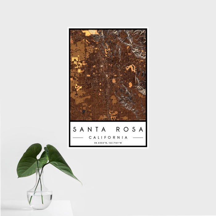 16x24 Santa Rosa California Map Print Portrait Orientation in Ember Style With Tropical Plant Leaves in Water
