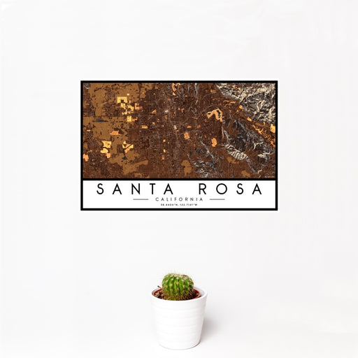 12x18 Santa Rosa California Map Print Landscape Orientation in Ember Style With Small Cactus Plant in White Planter
