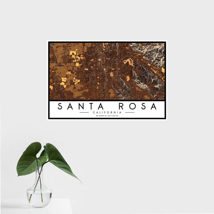 16x24 Santa Rosa California Map Print Landscape Orientation in Ember Style With Tropical Plant Leaves in Water