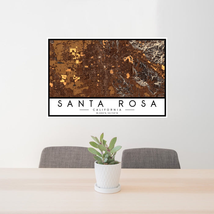 24x36 Santa Rosa California Map Print Landscape Orientation in Ember Style Behind 2 Chairs Table and Potted Plant