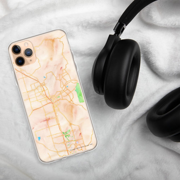 Custom Santa Rosa California Map Phone Case in Watercolor on Table with Black Headphones
