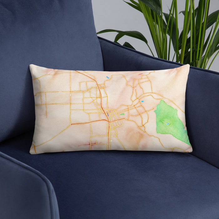 Custom Santa Rosa California Map Throw Pillow in Watercolor on Blue Colored Chair