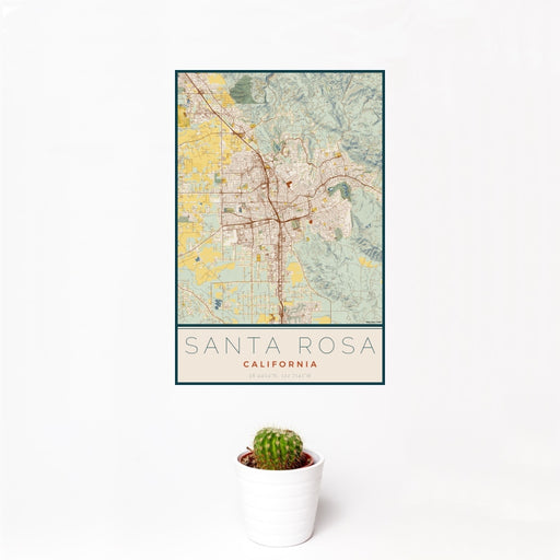 12x18 Santa Rosa California Map Print Portrait Orientation in Woodblock Style With Small Cactus Plant in White Planter