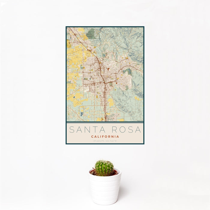12x18 Santa Rosa California Map Print Portrait Orientation in Woodblock Style With Small Cactus Plant in White Planter