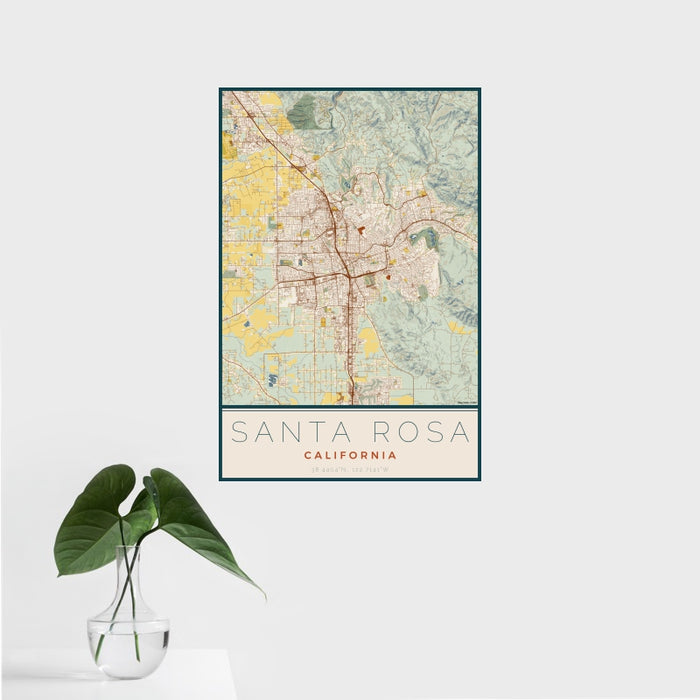 16x24 Santa Rosa California Map Print Portrait Orientation in Woodblock Style With Tropical Plant Leaves in Water