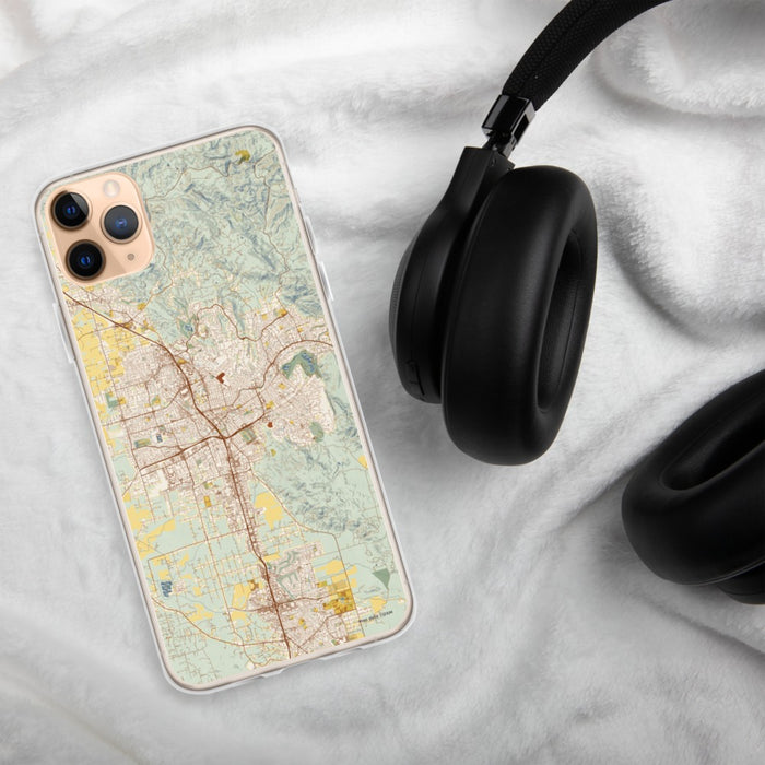Custom Santa Rosa California Map Phone Case in Woodblock on Table with Black Headphones