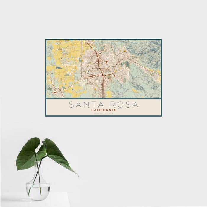 16x24 Santa Rosa California Map Print Landscape Orientation in Woodblock Style With Tropical Plant Leaves in Water