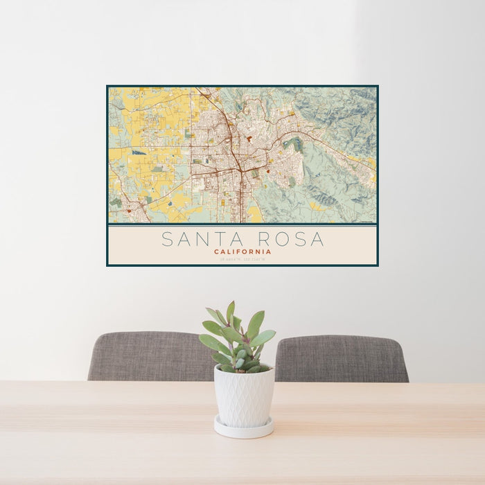 24x36 Santa Rosa California Map Print Landscape Orientation in Woodblock Style Behind 2 Chairs Table and Potted Plant