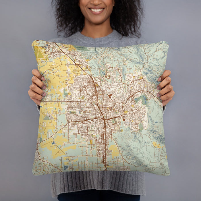 Person holding 18x18 Custom Santa Rosa California Map Throw Pillow in Woodblock